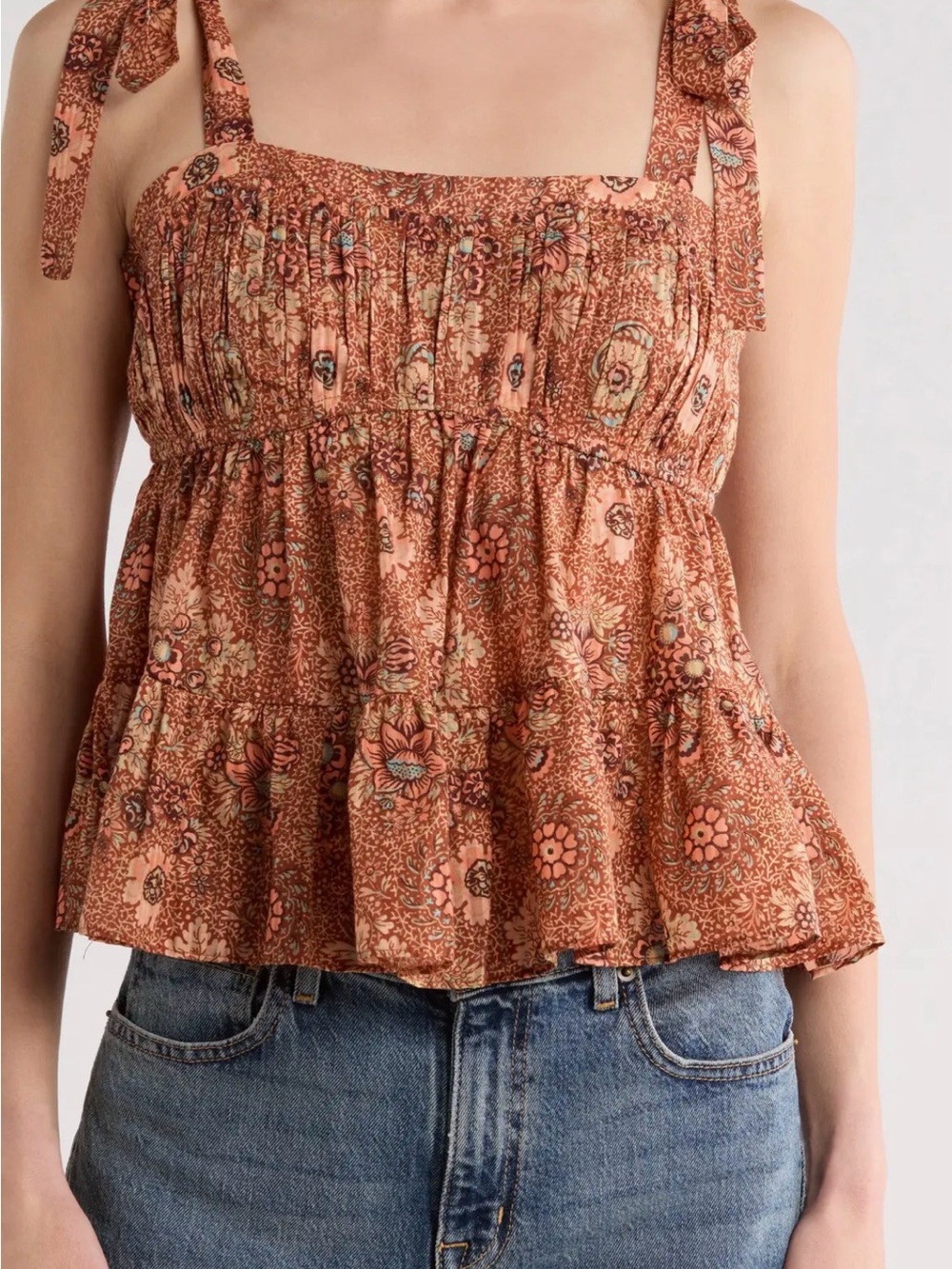 NWT Ulla Johnson Syma Top: Rust Floral Tie-Shoulder Peplum Tank Top